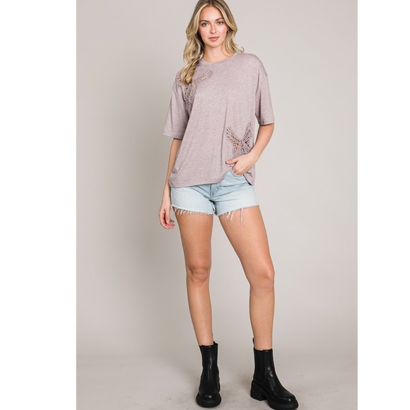 Women's Mauve Crochet Butterfly Detail Oversized Tee - Picture 5 of 5